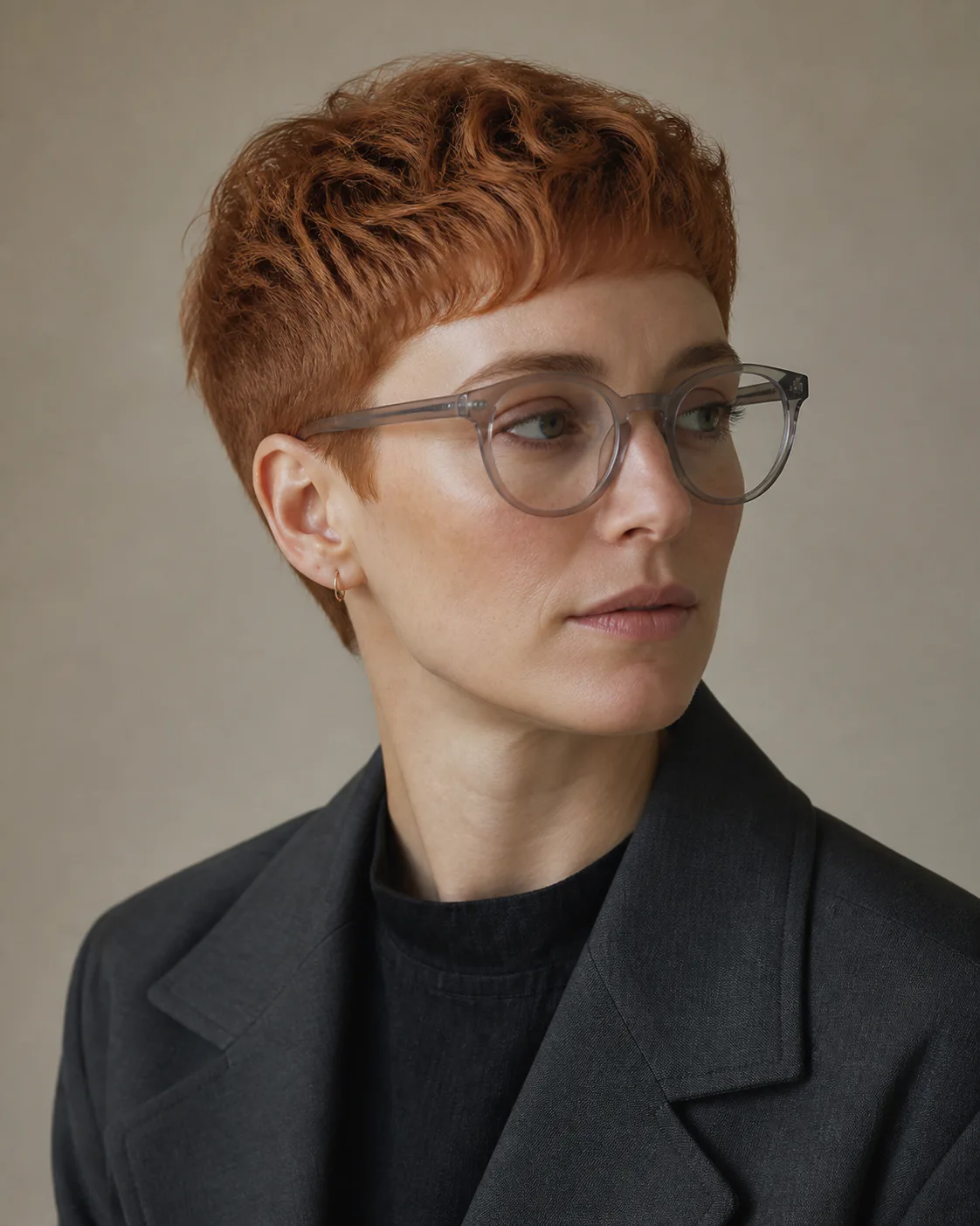 Staged look example: short red hair and oversized glasses